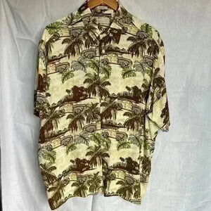 Vintage Natural Issue palm trees classic car Hawaiian shirt silky touch Men XL